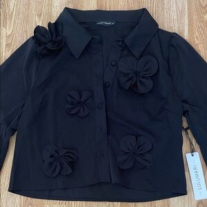 Lulumari Black Flower-Appliqué Button Front Blouse